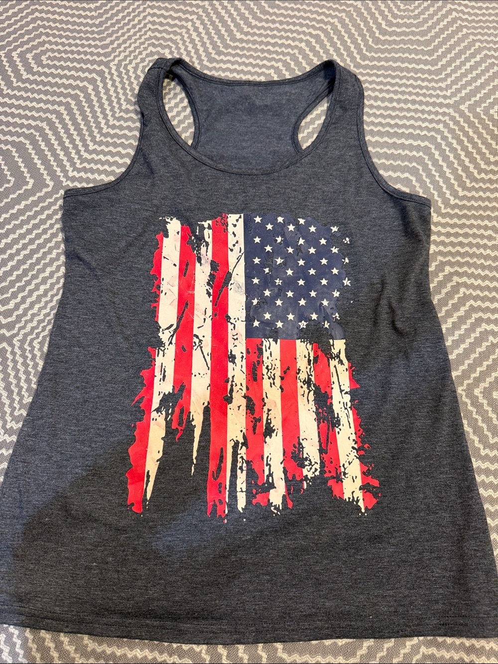 Women's Charcoal Racerback Tank with Distressed American Flag Print